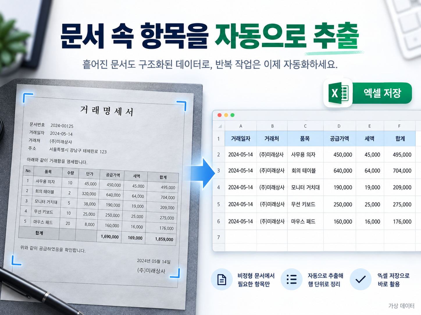 사진과 PDF 문서에서 항목을 추출해 엑셀로 정리하는 전후 비교 예시