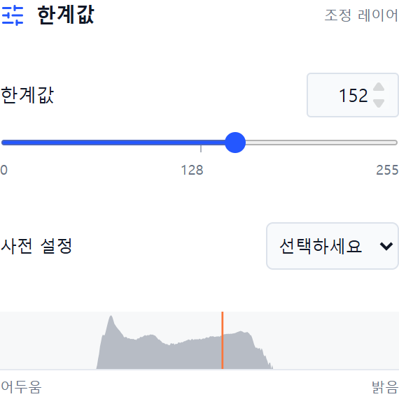 기준값152와 히스토그램이 있는 한계값 패널